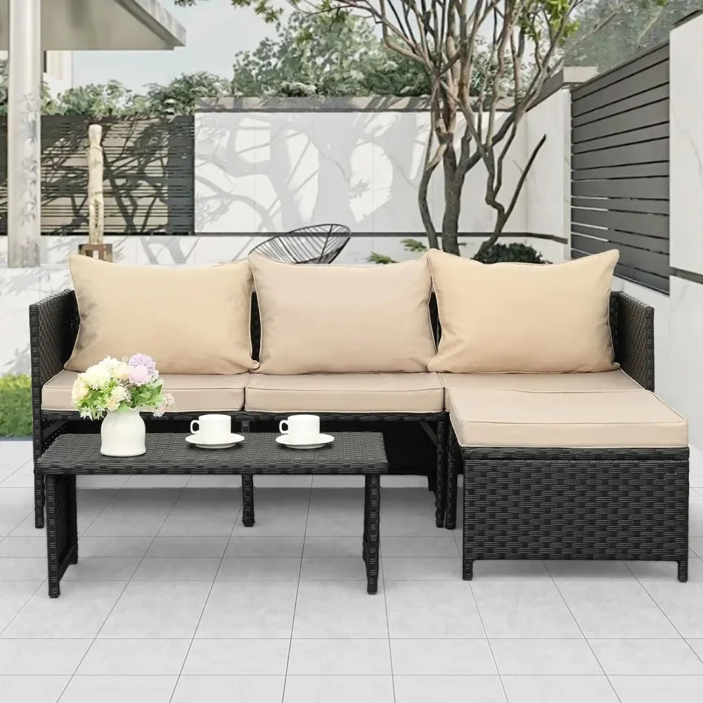3-Piece Outdoor PE Rattan Furniture Set Patio Black Wicker Conversation Loveseat Sofa Sectional Couch Khaki Garden Sofas - HOMELIVING