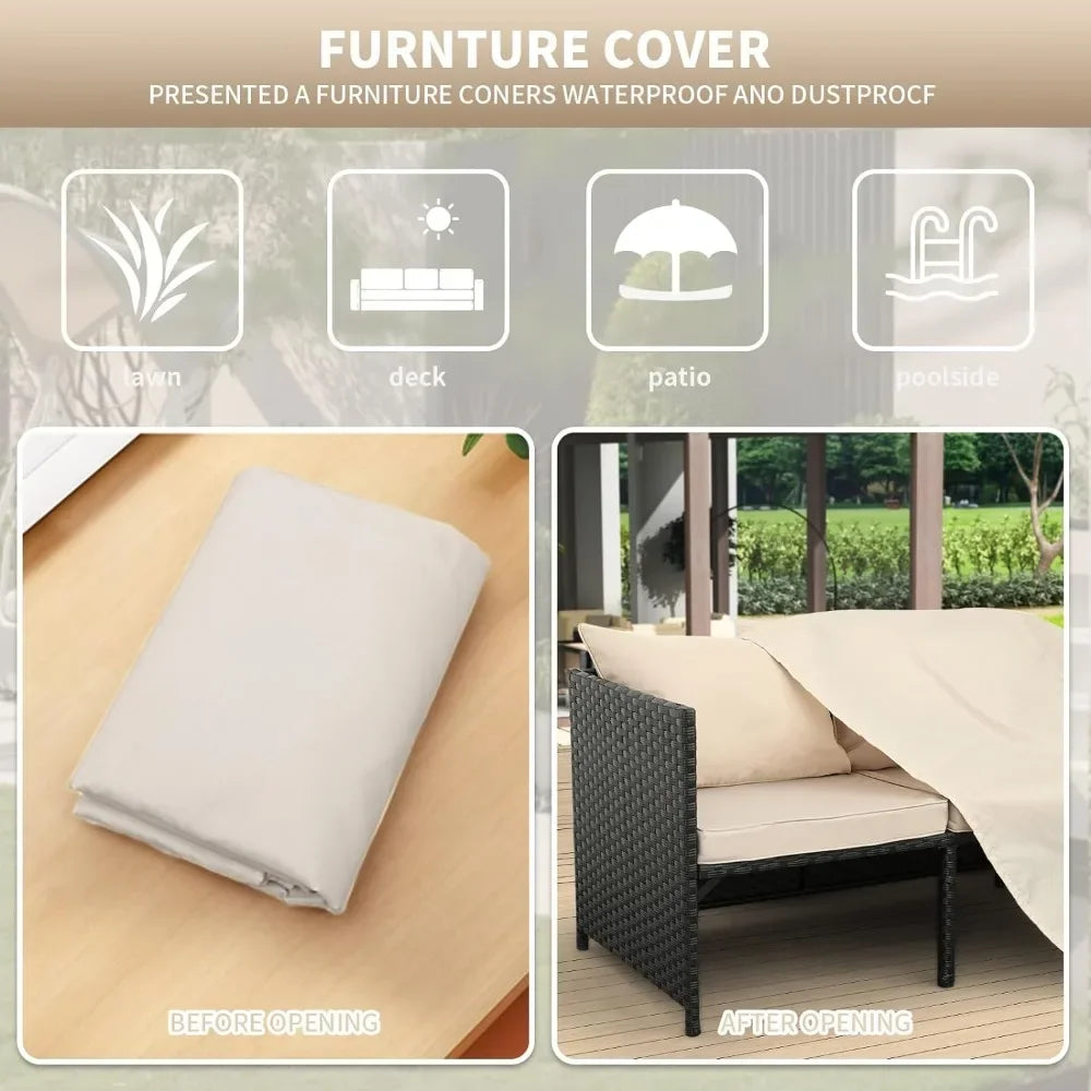 3-Piece Outdoor PE Rattan Furniture Set Patio Black Wicker Conversation Loveseat Sofa Sectional Couch Khaki Garden Sofas - HOMELIVING