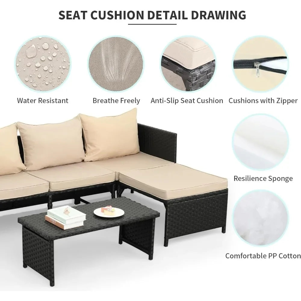 3-Piece Outdoor PE Rattan Furniture Set Patio Black Wicker Conversation Loveseat Sofa Sectional Couch Khaki Garden Sofas - HOMELIVING