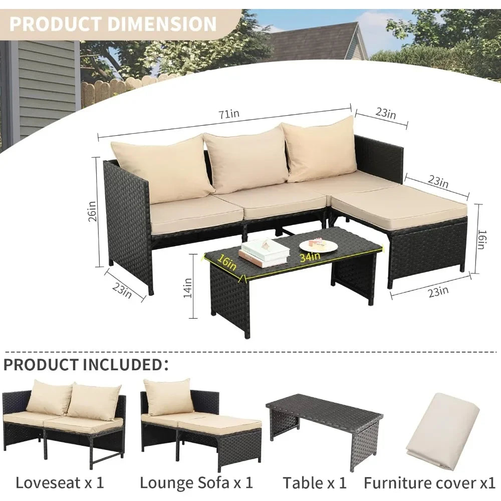 3-Piece Outdoor PE Rattan Furniture Set Patio Black Wicker Conversation Loveseat Sofa Sectional Couch Khaki Garden Sofas - HOMELIVING