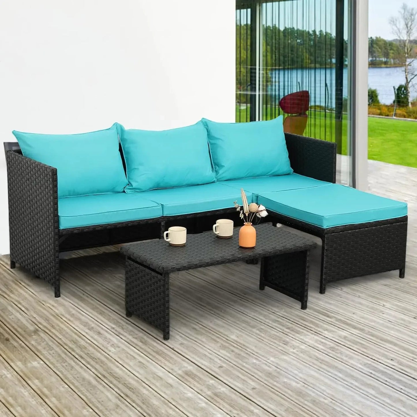 3-Piece Outdoor PE Rattan Furniture Set Patio Black Wicker Conversation Loveseat Sofa Sectional Couch Khaki Garden Sofas - HOMELIVING
