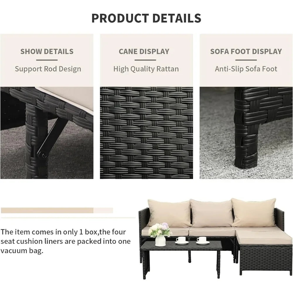 3-Piece Outdoor PE Rattan Furniture Set Patio Black Wicker Conversation Loveseat Sofa Sectional Couch Khaki Garden Sofas - HOMELIVING