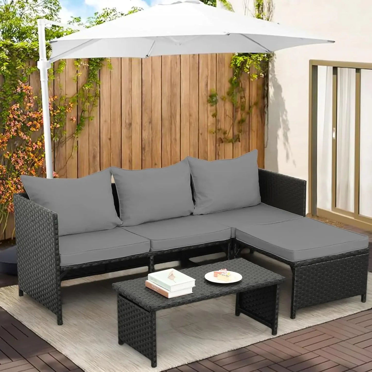 3-Piece Outdoor PE Rattan Furniture Set Patio Black Wicker Conversation Loveseat Sofa Sectional Couch Khaki Garden Sofas - HOMELIVING