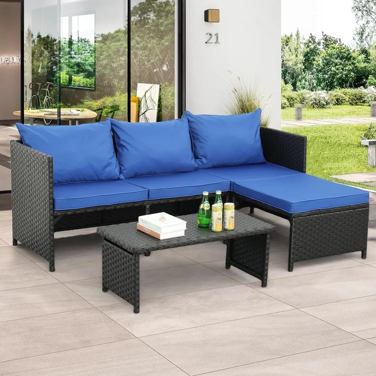 3-Piece Outdoor PE Rattan Furniture Set Patio Black Wicker Conversation Loveseat Sofa Sectional Couch Khaki Garden Sofas - HOMELIVING