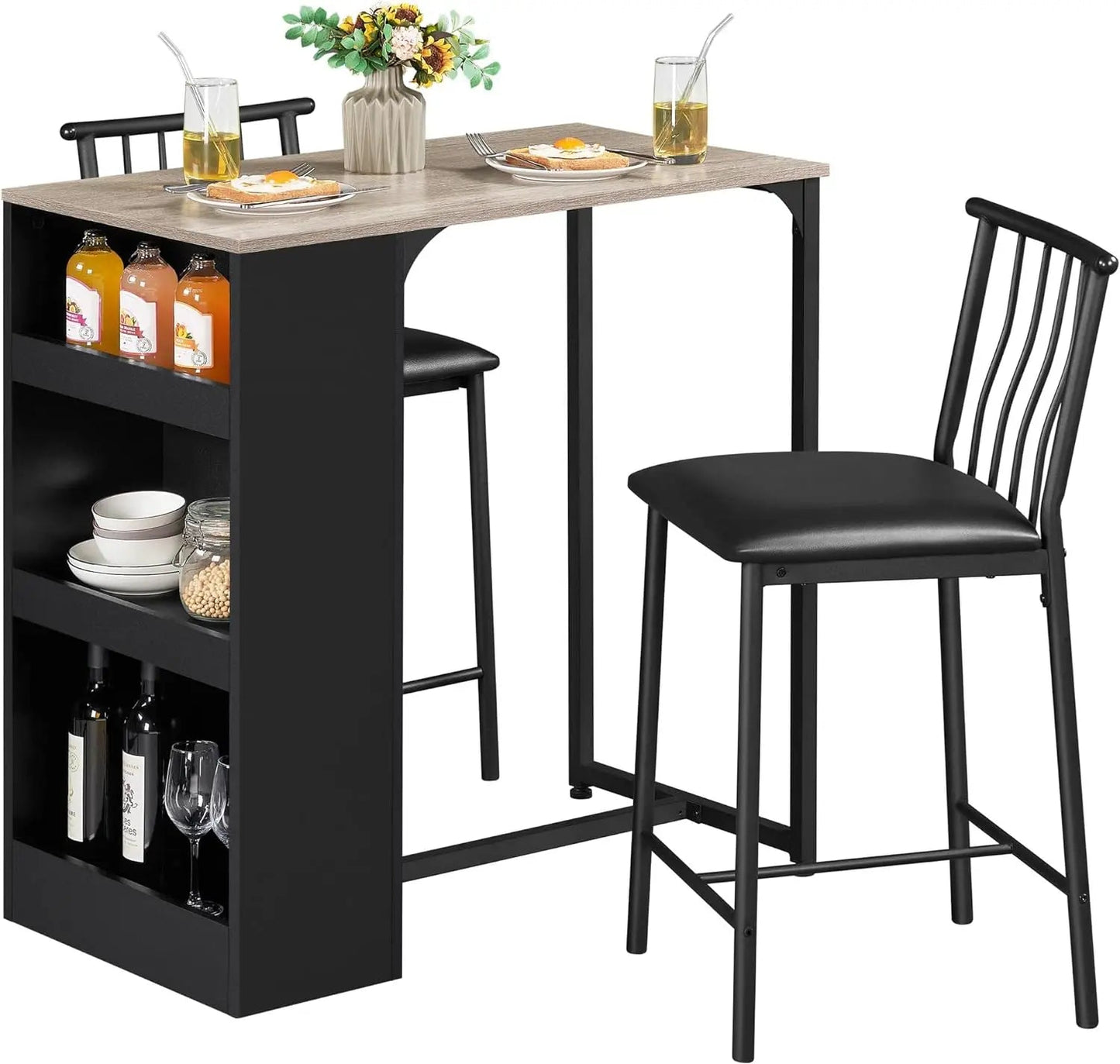 3-Piece Dining Table Set, Counter Height Bar Table Set for 2, Compact Kitchen Table Set with 3-layer Side Storage Shelf - HOMELIVING
