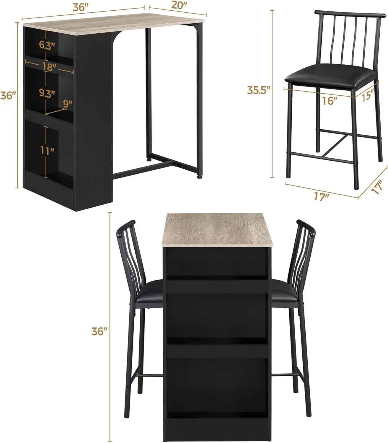 3-Piece Dining Table Set, Counter Height Bar Table Set for 2, Compact Kitchen Table Set with 3-layer Side Storage Shelf - HOMELIVING