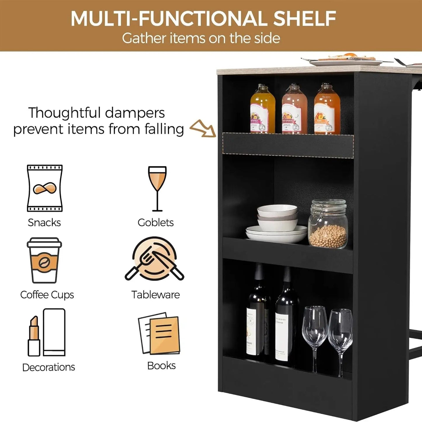 3-Piece Dining Table Set, Counter Height Bar Table Set for 2, Compact Kitchen Table Set with 3-layer Side Storage Shelf - HOMELIVING