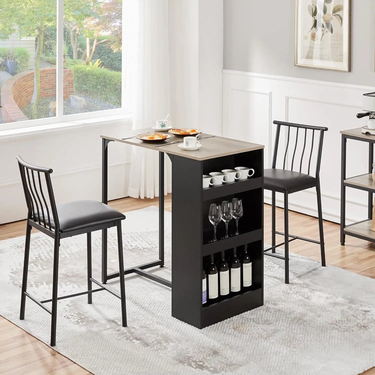 3-Piece Dining Table Set, Counter Height Bar Table Set for 2, Compact Kitchen Table Set with 3-layer Side Storage Shelf - HOMELIVING