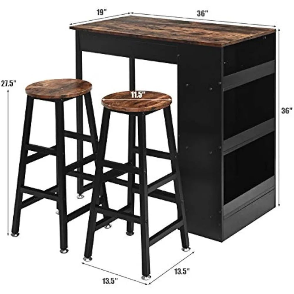 3 Piece Pub Dining Set, Wooden Counter Height Table Set with 2 Bar Stools, Industrial Bar Table Set, Sturdy Table with Storage - HOMELIVING