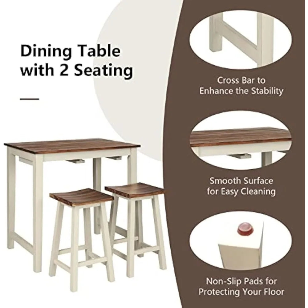 3 Pieces Dining Set, Counter Height Pub Table Set with 2 Saddle Stools, Industrial Wood Breakfast Table Set for Bar, Kitchen - HOMELIVING