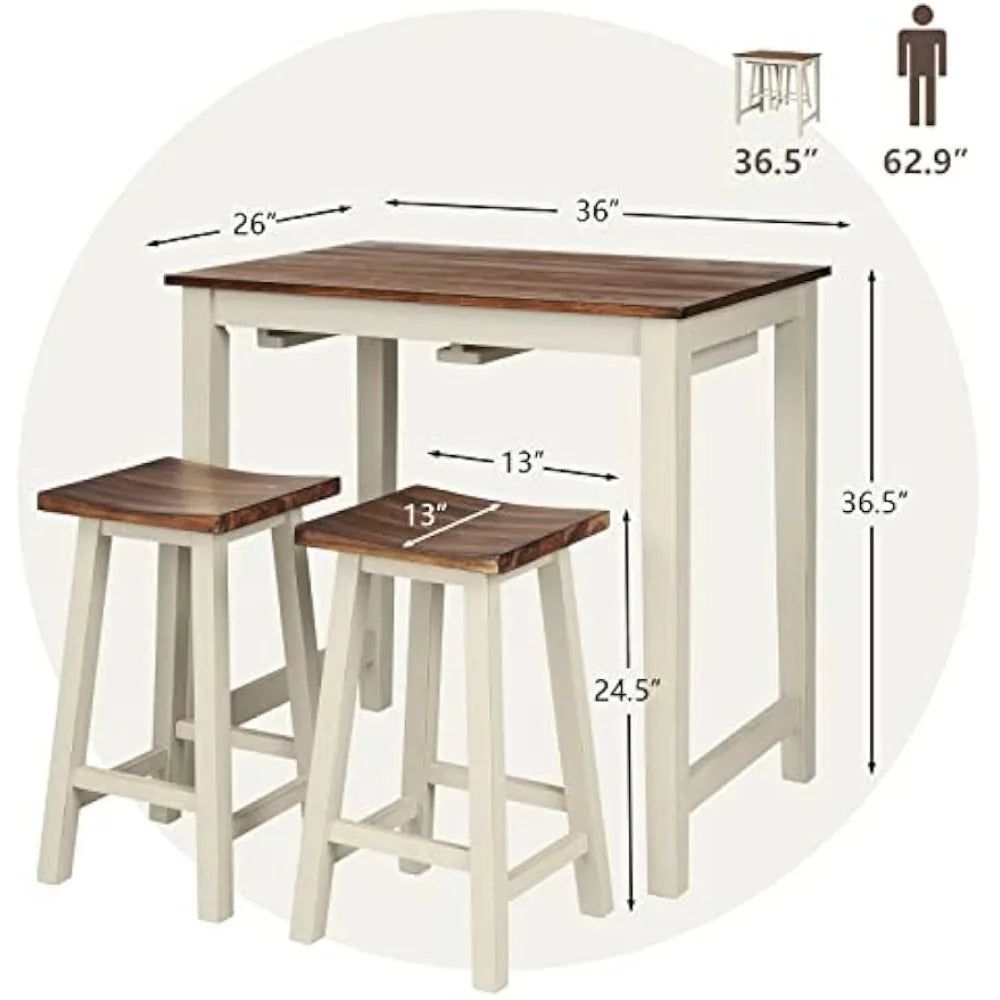 3 Pieces Dining Set, Counter Height Pub Table Set with 2 Saddle Stools, Industrial Wood Breakfast Table Set for Bar, Kitchen - HOMELIVING