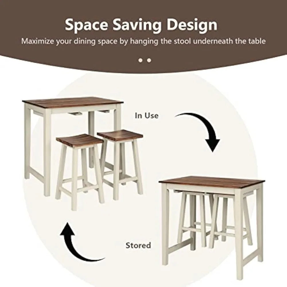 3 Pieces Dining Set, Counter Height Pub Table Set with 2 Saddle Stools, Industrial Wood Breakfast Table Set for Bar, Kitchen - HOMELIVING