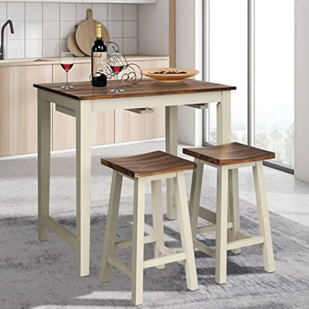 3 Pieces Dining Set, Counter Height Pub Table Set with 2 Saddle Stools, Industrial Wood Breakfast Table Set for Bar, Kitchen - HOMELIVING