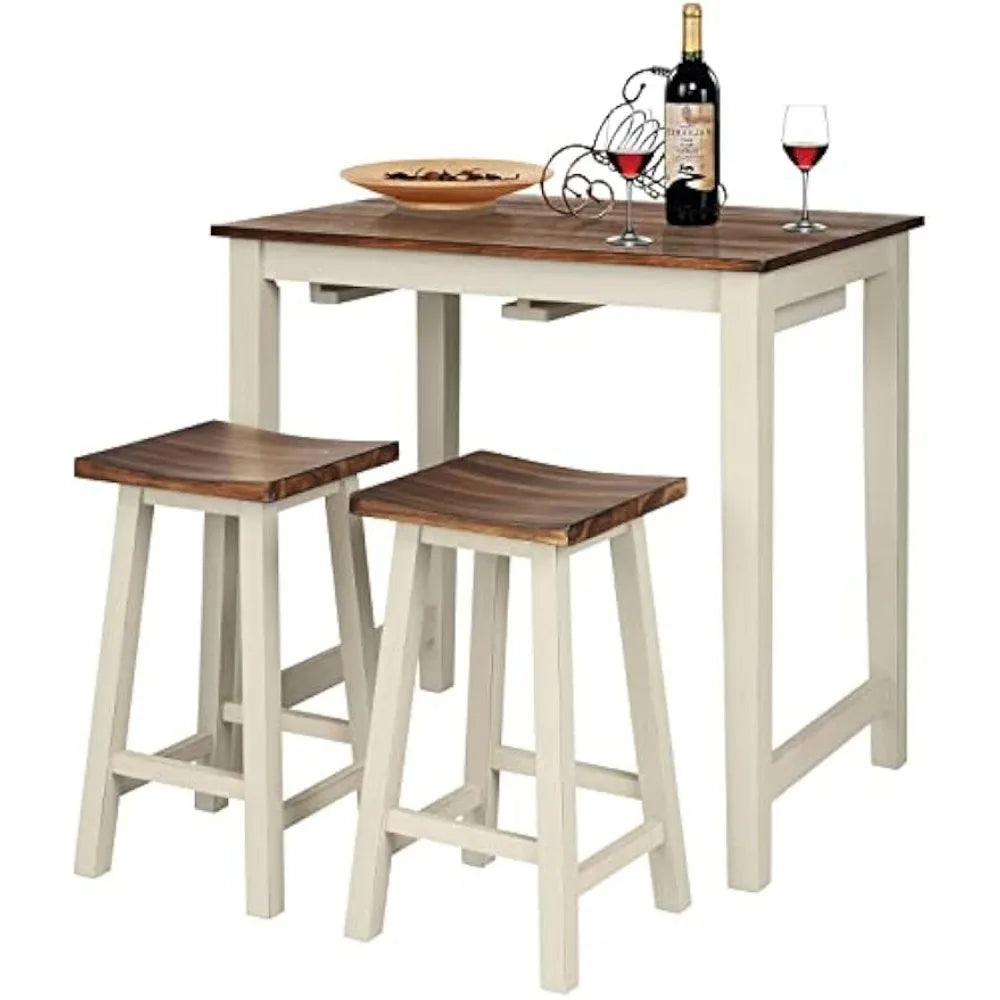 3 Pieces Dining Set, Counter Height Pub Table Set with 2 Saddle Stools, Industrial Wood Breakfast Table Set for Bar, Kitchen - HOMELIVING
