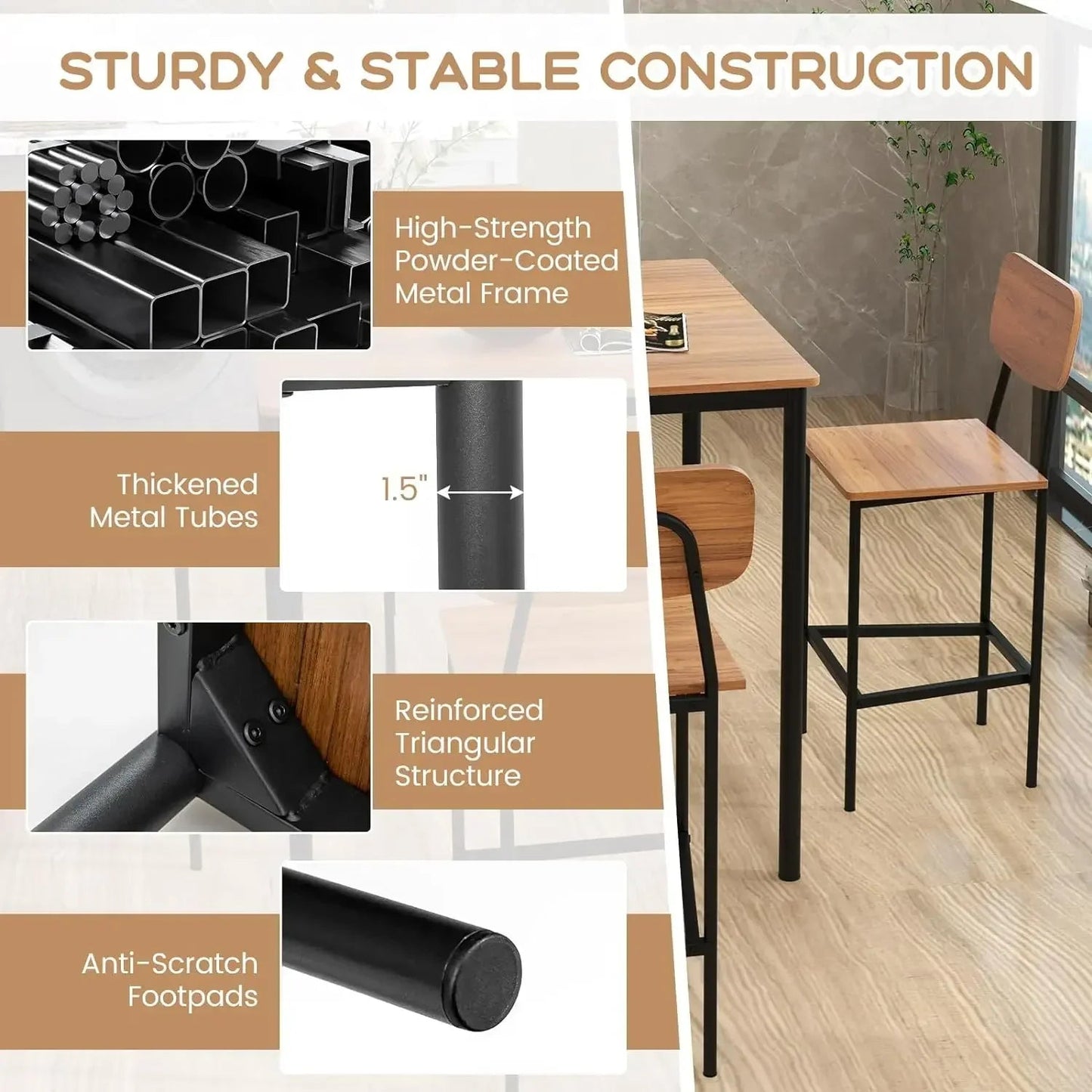 5-Piece Dining Table Set W/Counter Height Table & 4 Bar Stools,Space-Saving Dinette Set for Pub, Dining Room, Restaurant - HOMELIVING