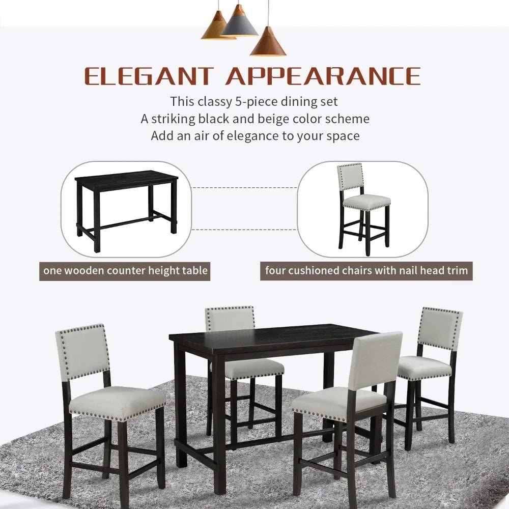 5 Piece Wooden Counter Height Dining Table Set with 4 Padded Chairs with Nailhead Trim for Kitchen, Breakfast Nook, Bar - HOMELIVING