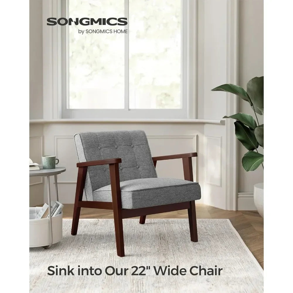 Accent Leisure Chair, Mid-Century Modern Arm Chair with Solid Wood Armrests and Legs, 1-Seat Cushioned Sofa, Light Gray - HOMELIVING