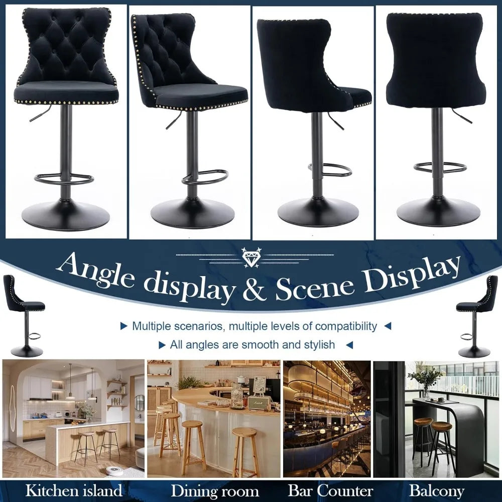 Bar Stool Set of 4,Velvet Counter Height Barstools Adjustable Seat,Button Tufted Swivel Bar Chairs Black Base - HOMELIVING