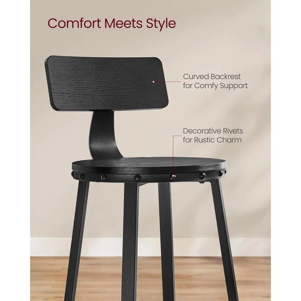 Bar Stools Set of 2, Bar Height Barstools with Back, Counter Stools Bar Chairs with Backrest, Steel Frame, Easy Assembly - HOMELIVING