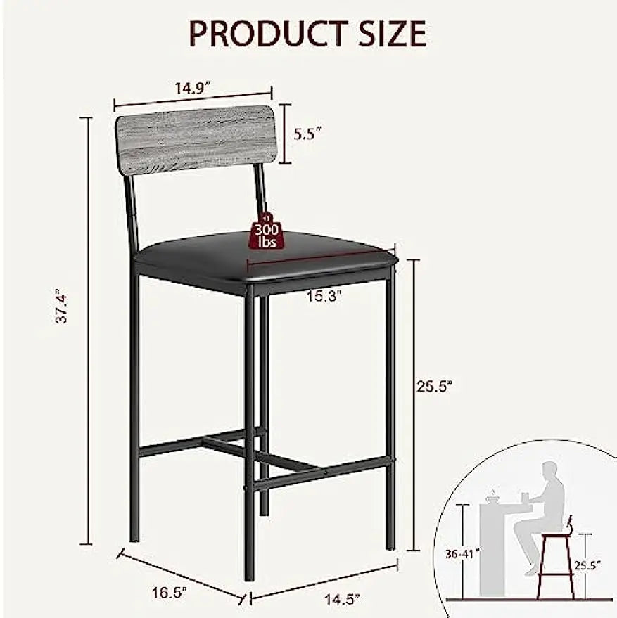Bar Stools Set of 2, Stools with Footrest, 25.5 Inches Upholstered Bar Chairs with Back, Counter Height Barstools - HOMELIVING