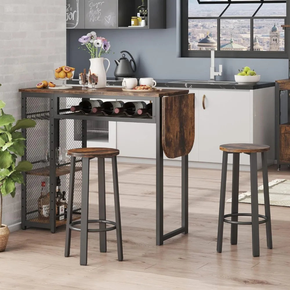 Bar Table and Chair Set, Expandable Dining Table with 2 Bar Stools, Industrial Kitchen Counter with Wine Rack - HOMELIVING