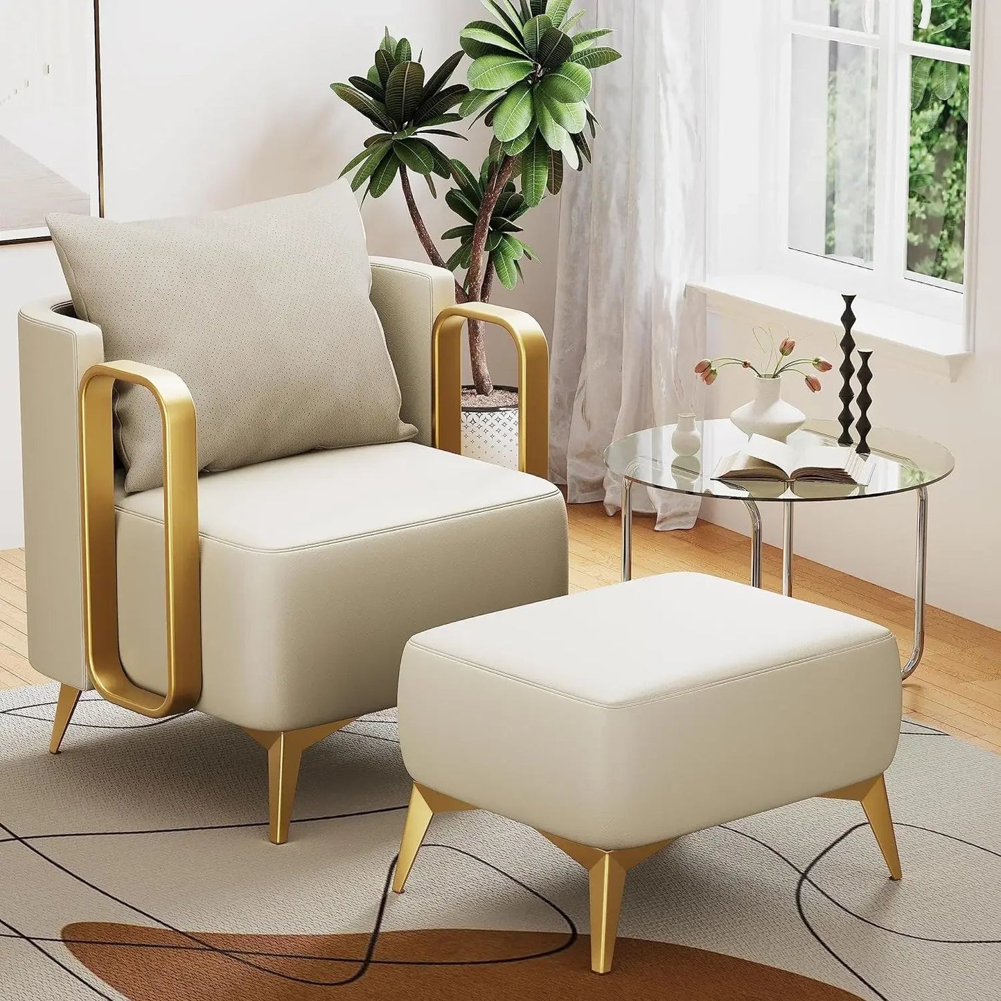 Accent Armchair w/Ottoman,Faux Leather Upholstered Chair,Reading Single Sofa for Living Room,Modern Comfy Club Chair,Beige - HOMELIVING