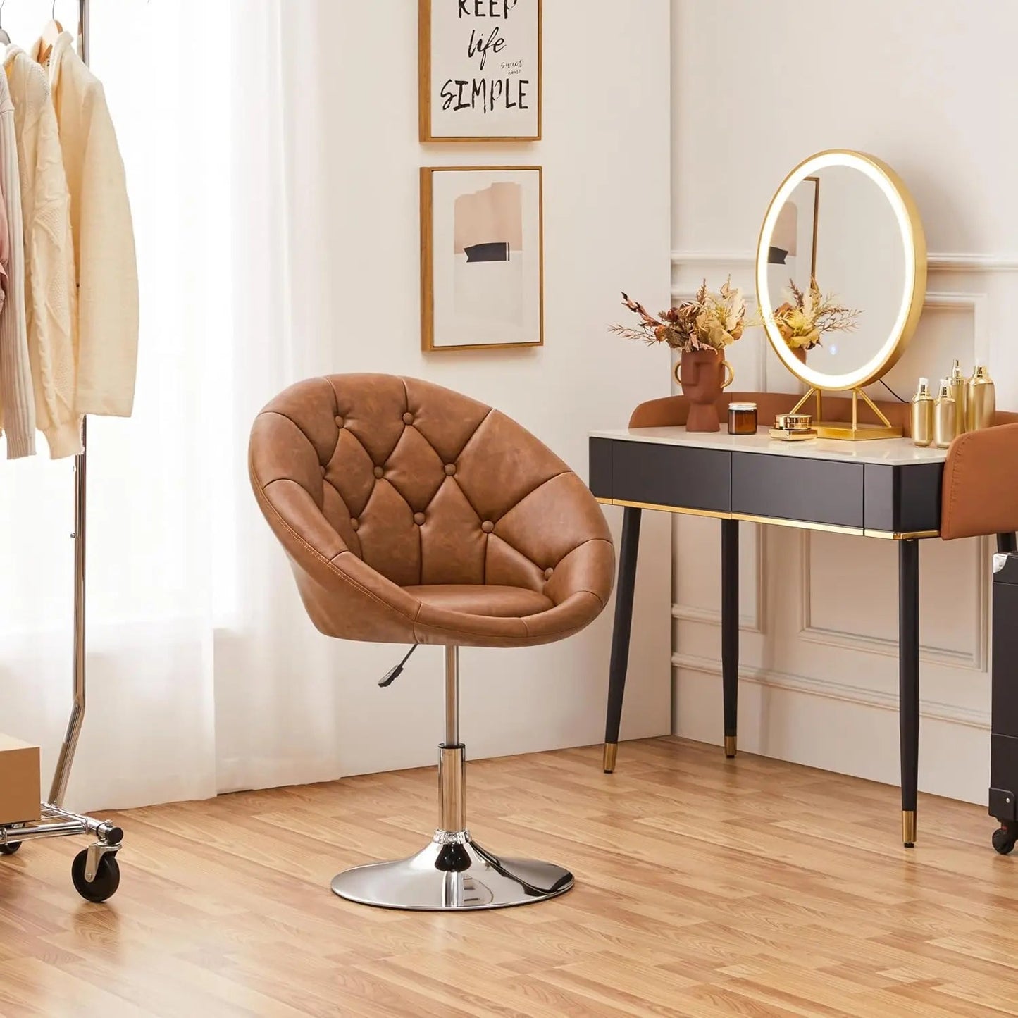Vanity Chair Makeup Swivel Accent Chair Height Adjustable Round Back Tilt Chair with Chrome Frame for Makeup Room,White - HOMELIVING