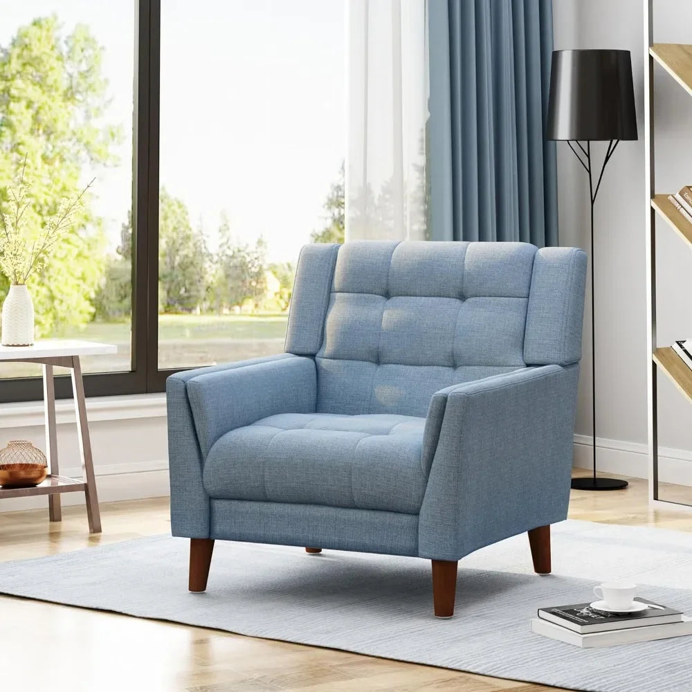 Living room chair Medieval modern fabric armchair, blue and walnut - HOMELIVING