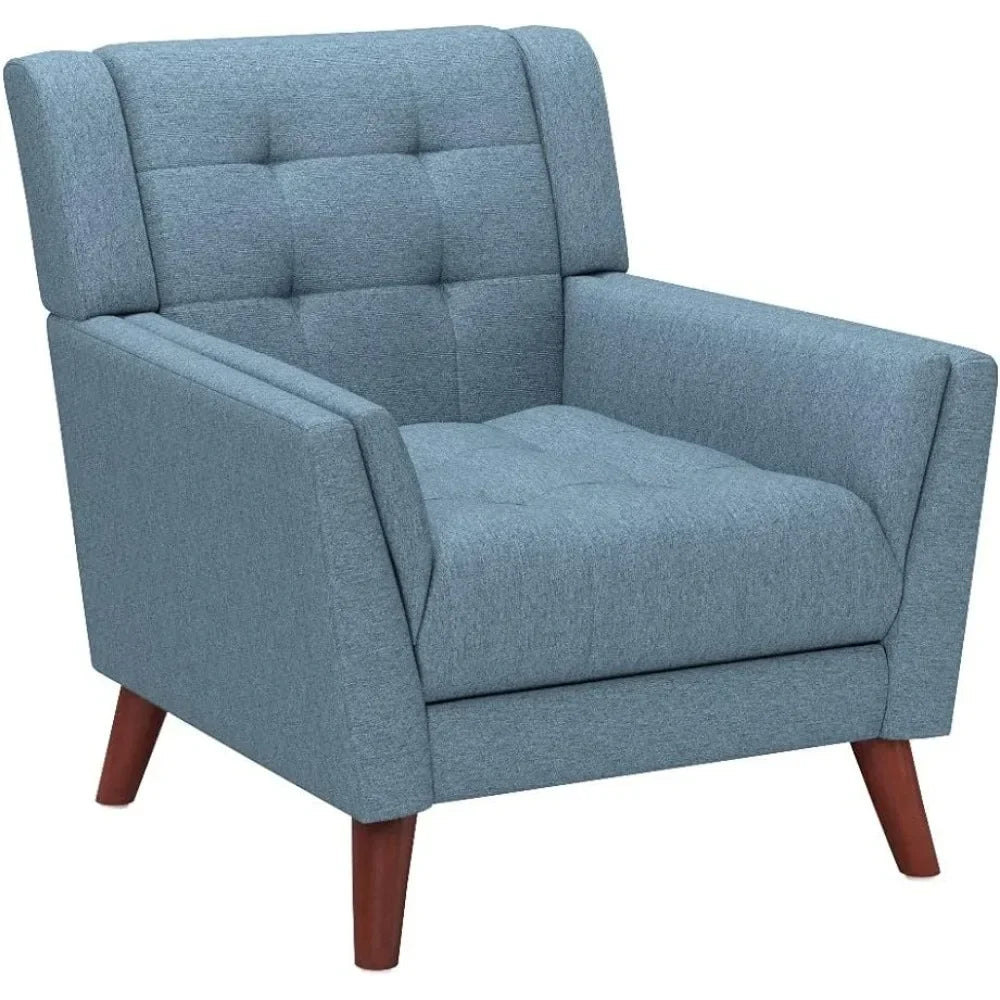 Living room chair Medieval modern fabric armchair, blue and walnut - HOMELIVING