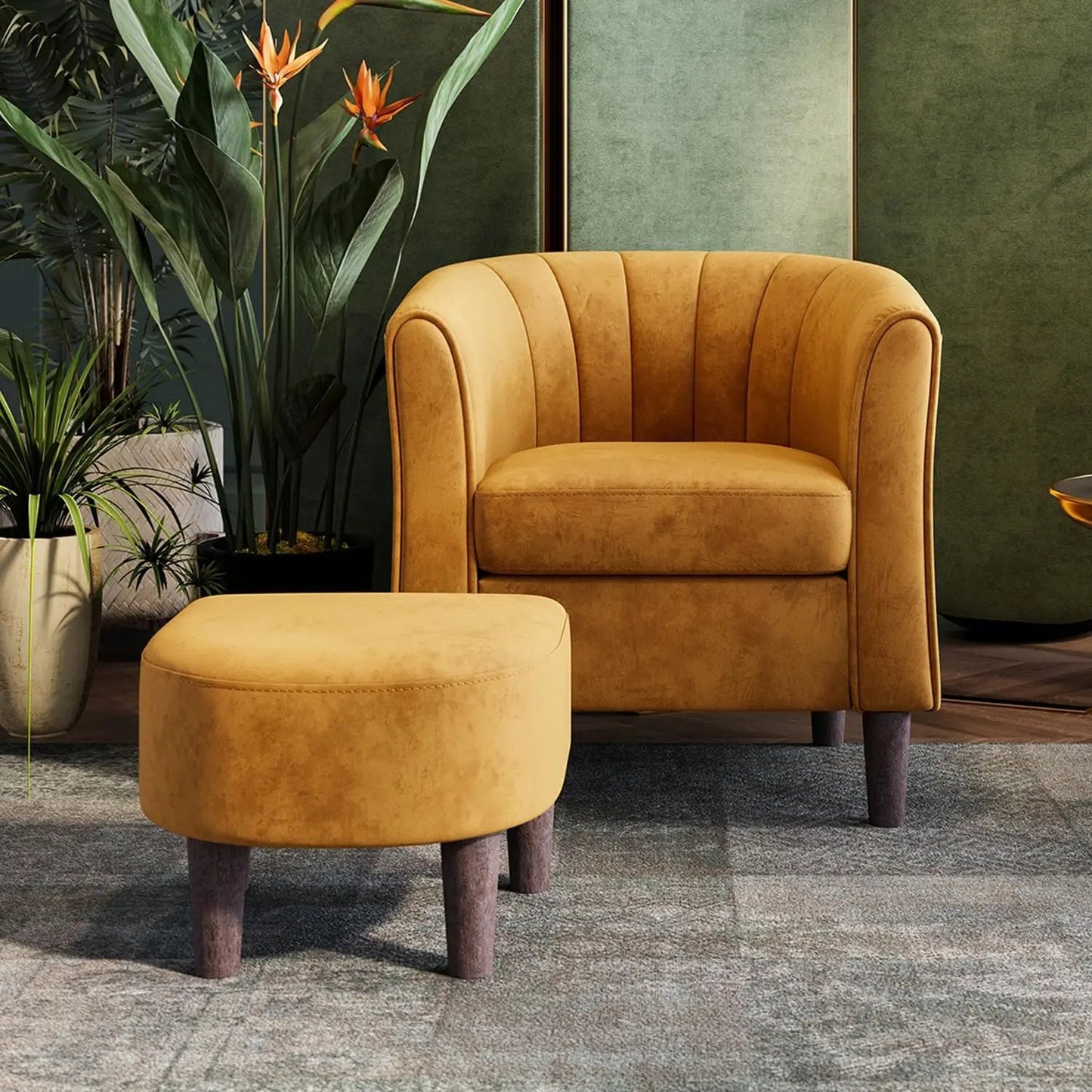 Velvet Accent Chair, Barrel Chair with Ottoman, Modern Comfy Reading Chair Armchair for Living Room Study Room Office - HOMELIVING