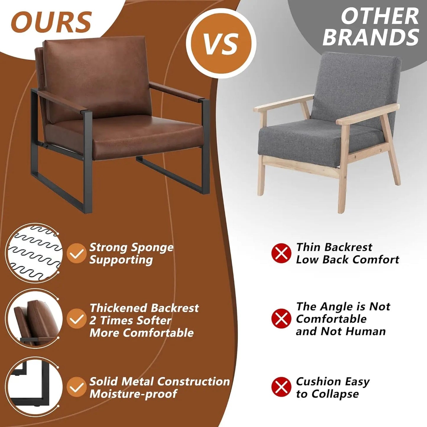 PU Leather Accent Chair Arm Chair with Extra-Thick Padded Backrest and Seat Cushion Sofa Chairs for Living Room Bedroom - HOMELIVING