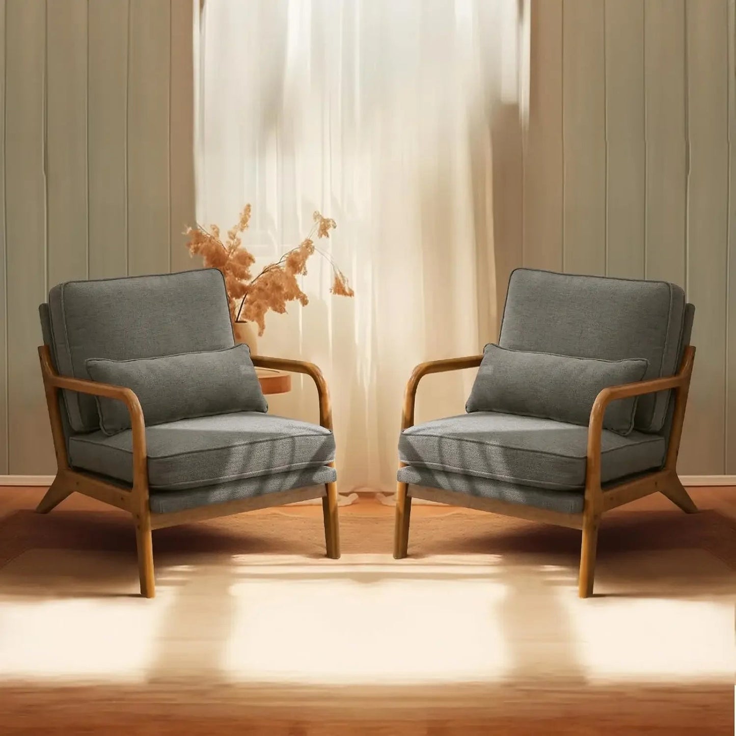 Coarse Linen Beige Mid Century Modern Accent Chair, Soild Wood Padding Lounge Armchairs Side Sitting Chairs for Living Room - HOMELIVING
