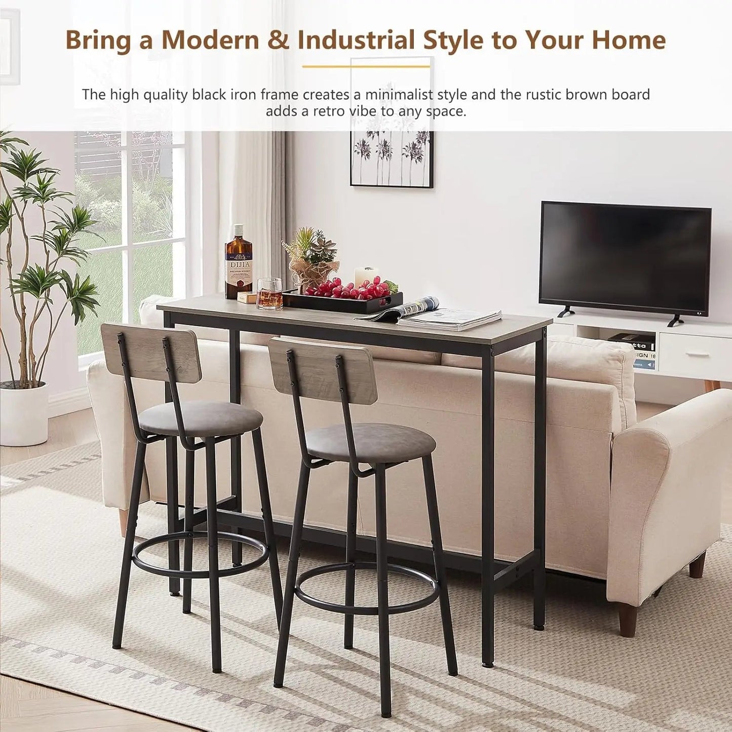 Chairs Set, Industrial Style Bar Stools PU Upholstery Seat with Backrest, 3 Pieces Pub Dining Table Set for Kitchen, Apartment - HOMELIVING