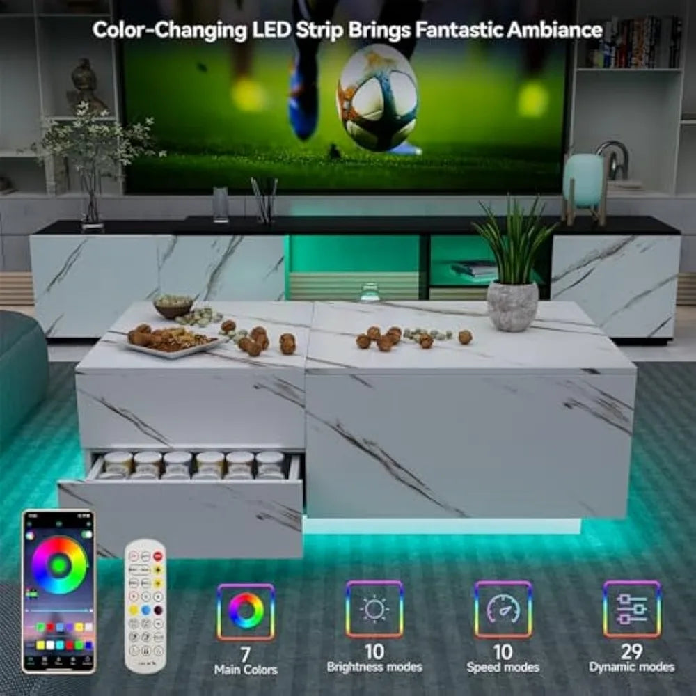 Coffee Table, 60.8”, with Storage, Expandable Sliding Top LED Lights with Hidden Compartments, Coffee Center Table, Side Table - HOMELIVING