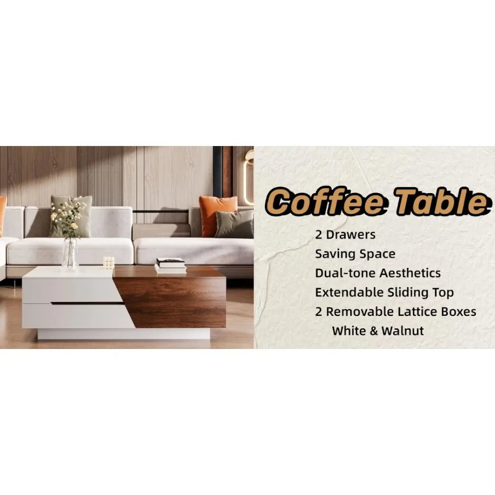 Coffee Table Extendable Sliding Top for Mobile Boxes+4 Partition Spaces Multifunctional Office Bedroom, White/Walnut(Rectangle) - HOMELIVING