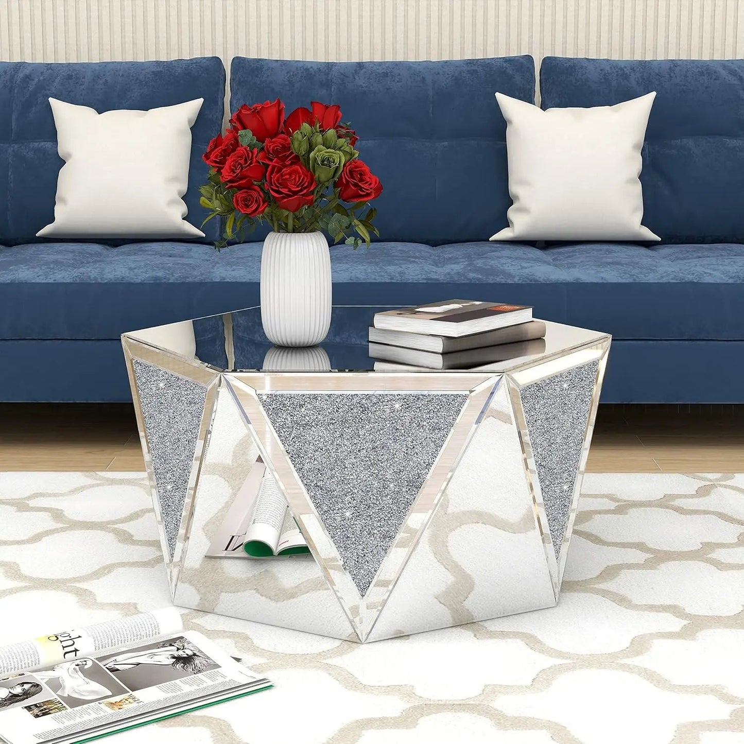 Coffee Table Mirrored with Crystal Inlay, Hexagon Silver Accent Table, Modern Design Luxury Contemporary Furniture, 31.5‘’ Low C - HOMELIVING