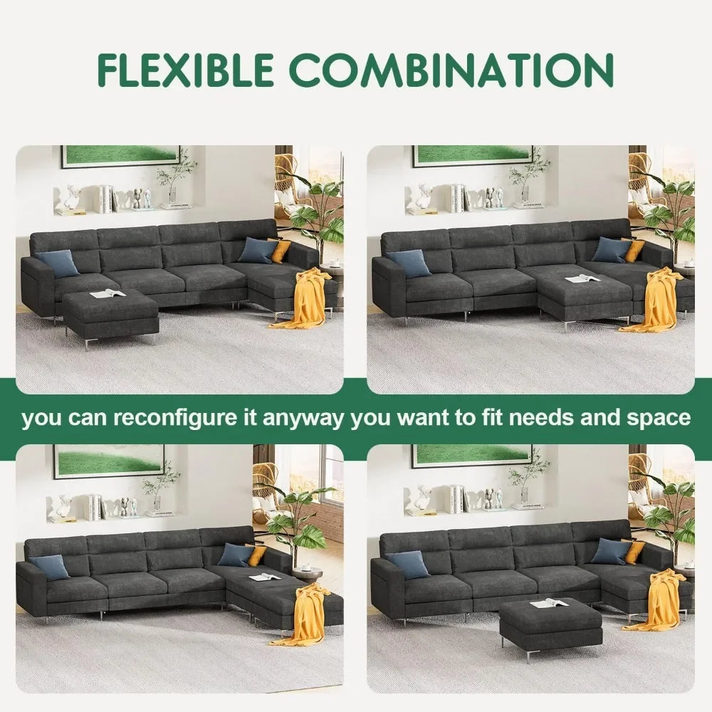 Convertible Sectional Sofa Modular Couch with Chaises and Removable Ottoman, U Shaped Modular Sofa Sectional Modular Couch - HOMELIVING