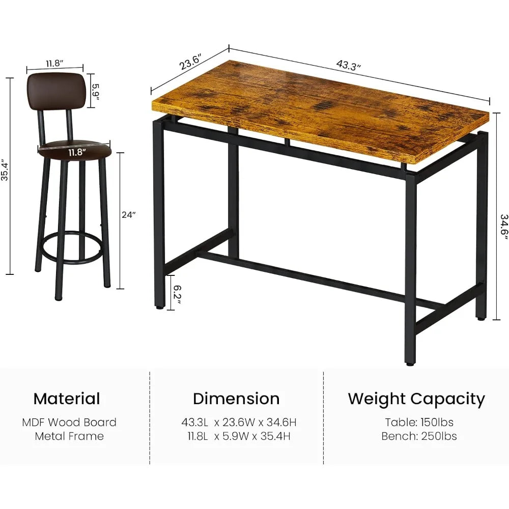 Counter Height Bar 4 Chairs Bar Table Set for Restaurant Kitchen Breakfast, PU Upholstered Stool with Backrest, 5 Pieces, Brown - HOMELIVING