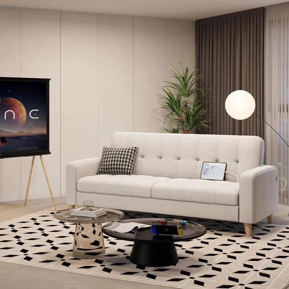 Office Sofas, 2-Seater Fabric Sofa Loveseat With USB Ports Mid-Century Modern 65? W Couch Sofa With Solid Wood Legs Fo - HOMELIVING