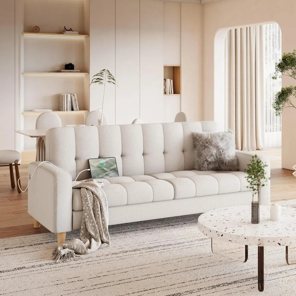 Office Sofas, 2-Seater Fabric Sofa Loveseat With USB Ports Mid-Century Modern 65? W Couch Sofa With Solid Wood Legs Fo - HOMELIVING