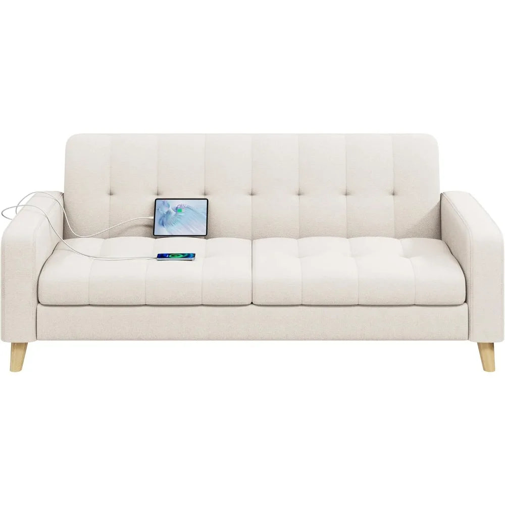Office Sofas, 2-Seater Fabric Sofa Loveseat With USB Ports Mid-Century Modern 65? W Couch Sofa With Solid Wood Legs Fo - HOMELIVING
