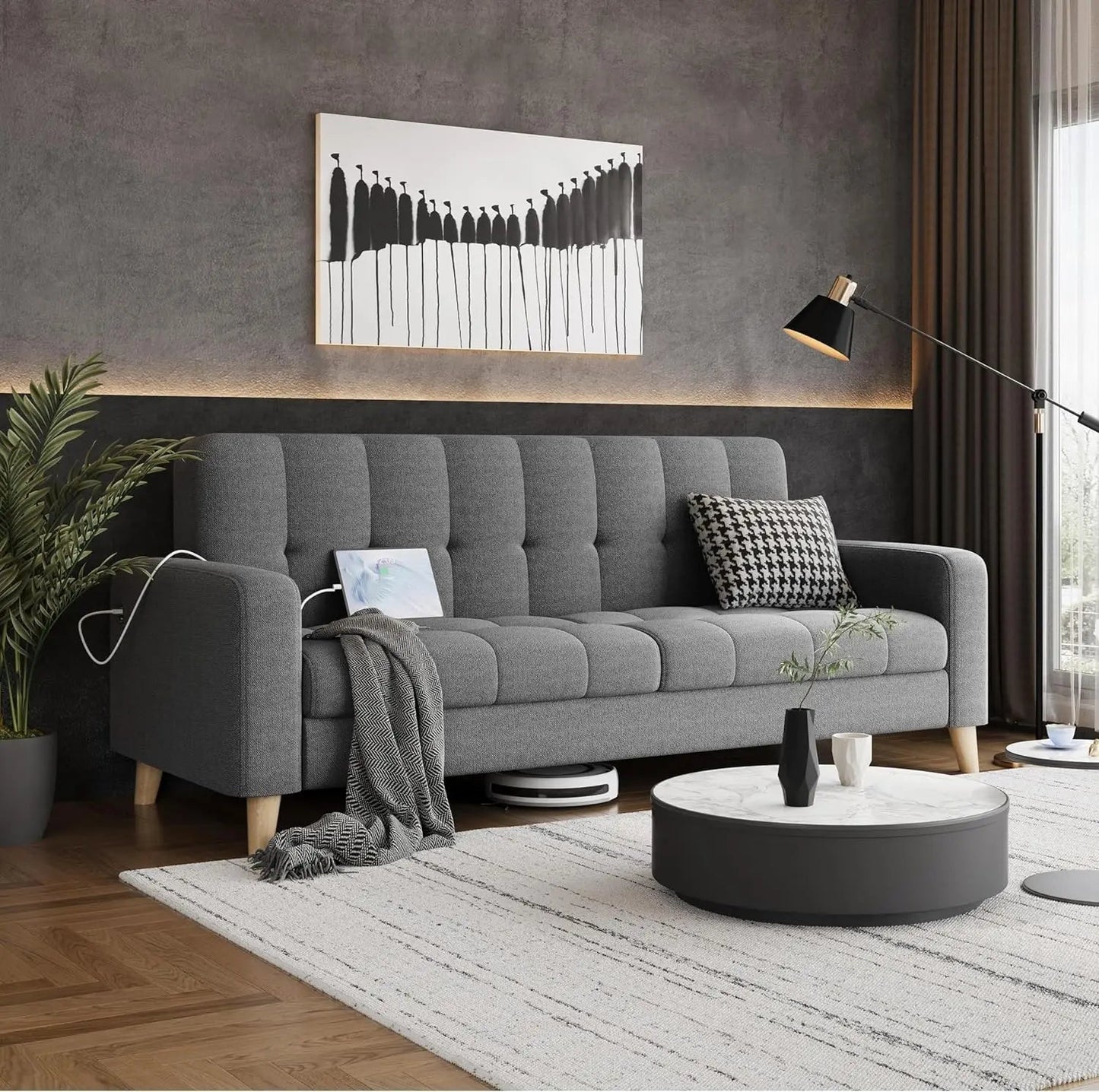Office Sofas, 2-Seater Fabric Sofa Loveseat With USB Ports Mid-Century Modern 65? W Couch Sofa With Solid Wood Legs Fo - HOMELIVING