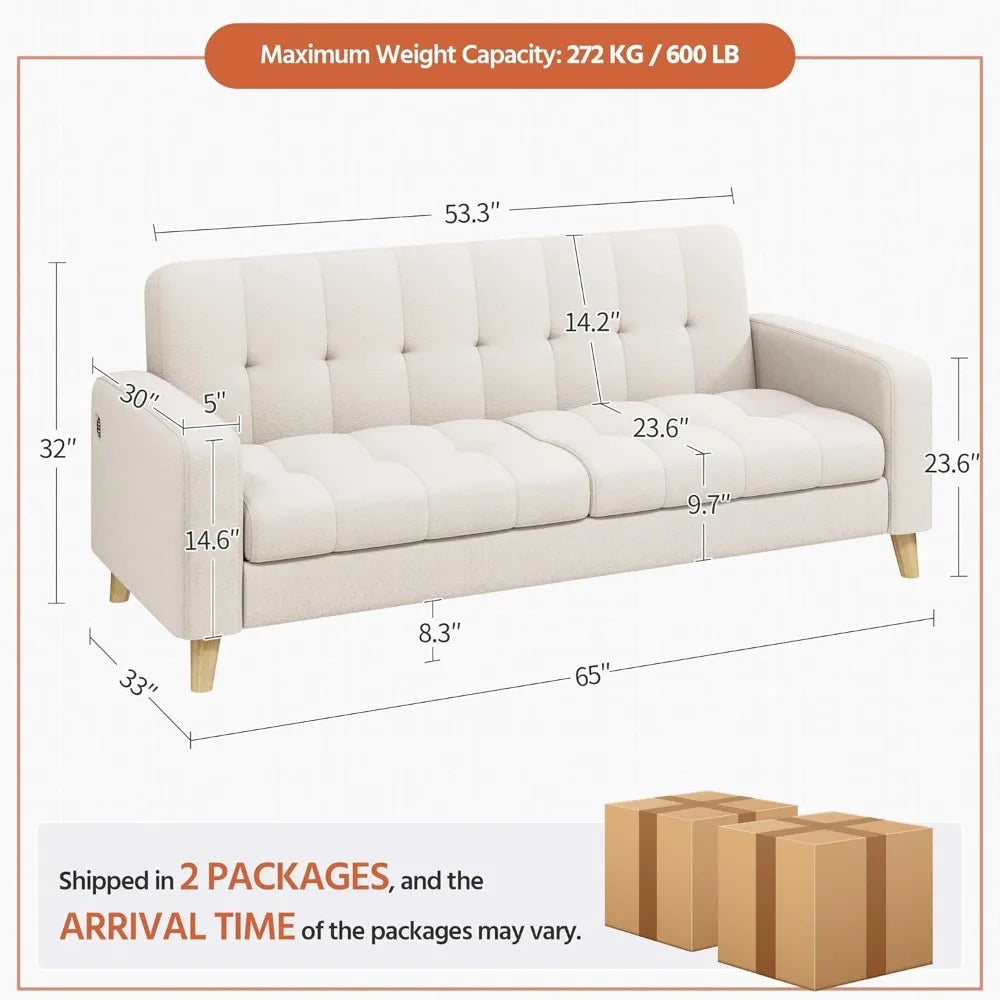 Office Sofas, 2-Seater Fabric Sofa Loveseat With USB Ports Mid-Century Modern 65? W Couch Sofa With Solid Wood Legs Fo - HOMELIVING