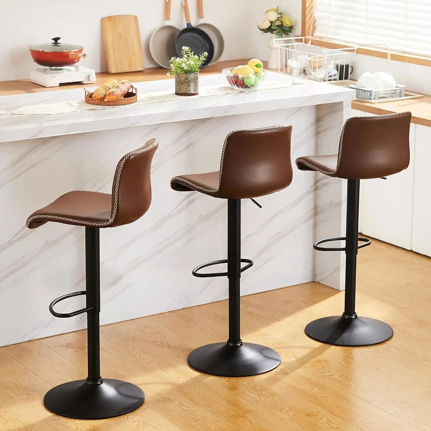 Bar Stools Set of 3, Adjustable Bars Stool 24"-32", Whiskey Brown Faux Leather Bars Stools, Bar Chairs - HOMELIVING