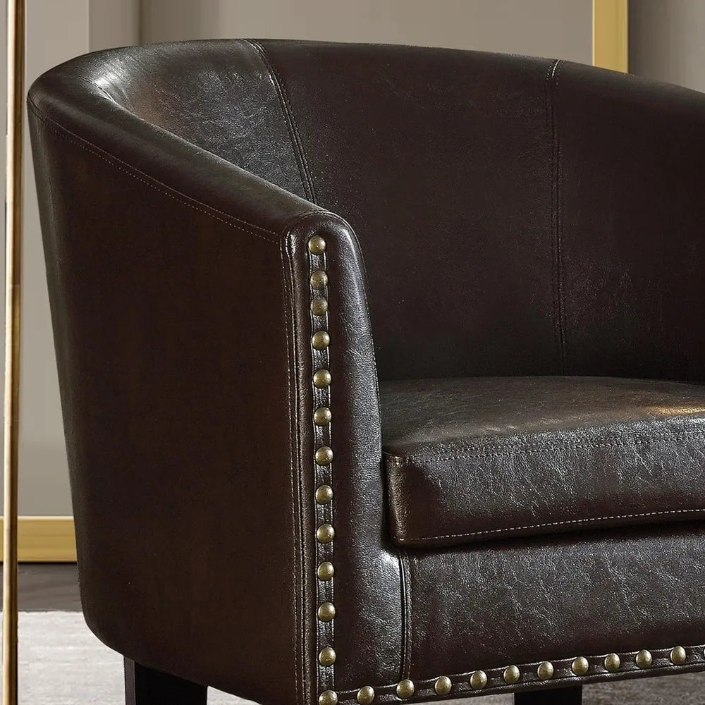 Duilio Club Style Barrel Armchair For Living Room Faux Leather Accent Chair, Leather Brown - HOMELIVING