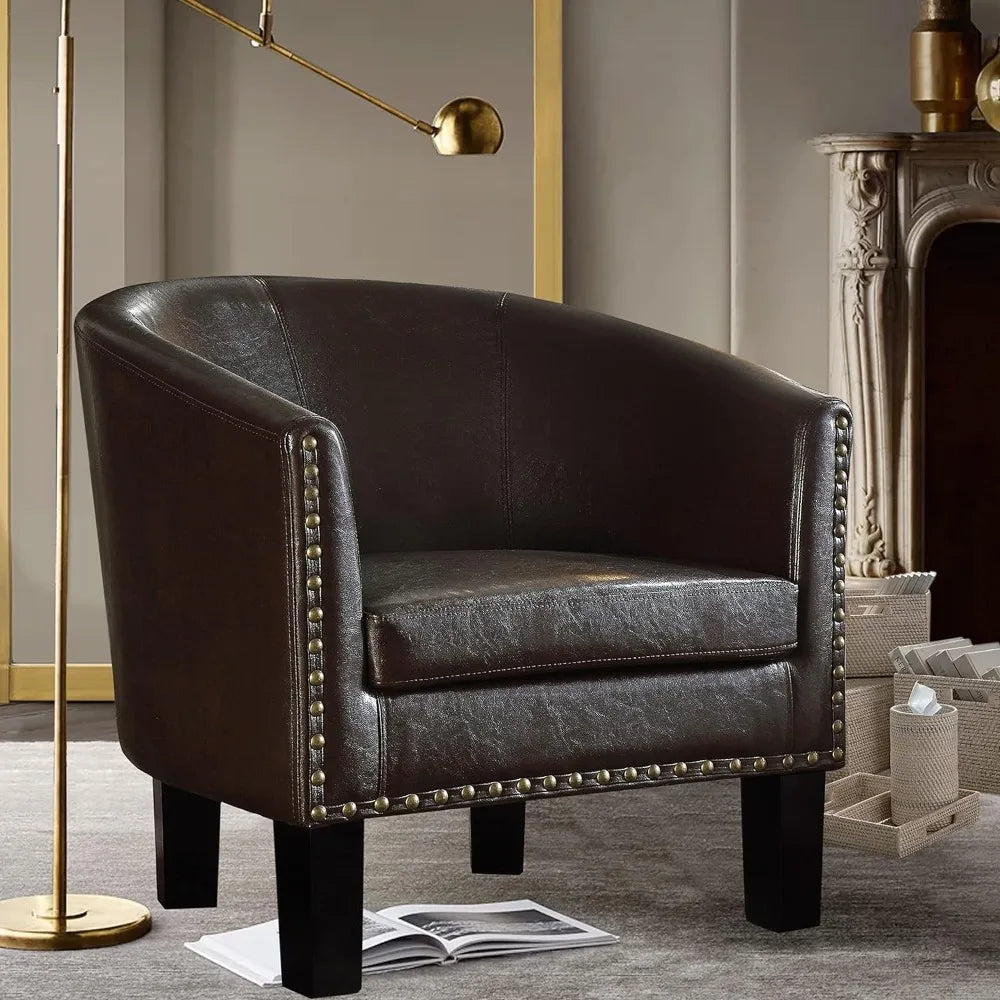 Duilio Club Style Barrel Armchair For Living Room Faux Leather Accent Chair, Leather Brown - HOMELIVING