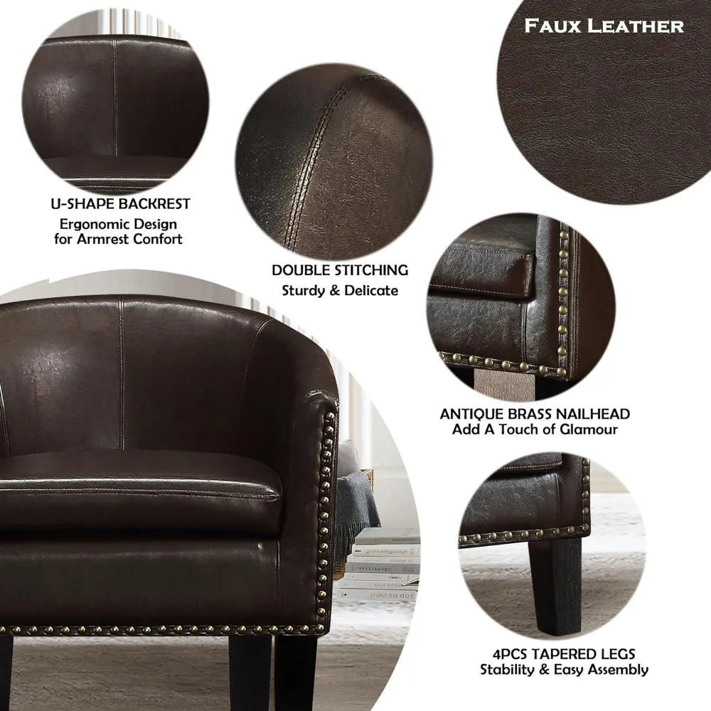 Duilio Club Style Barrel Armchair For Living Room Faux Leather Accent Chair, Leather Brown - HOMELIVING