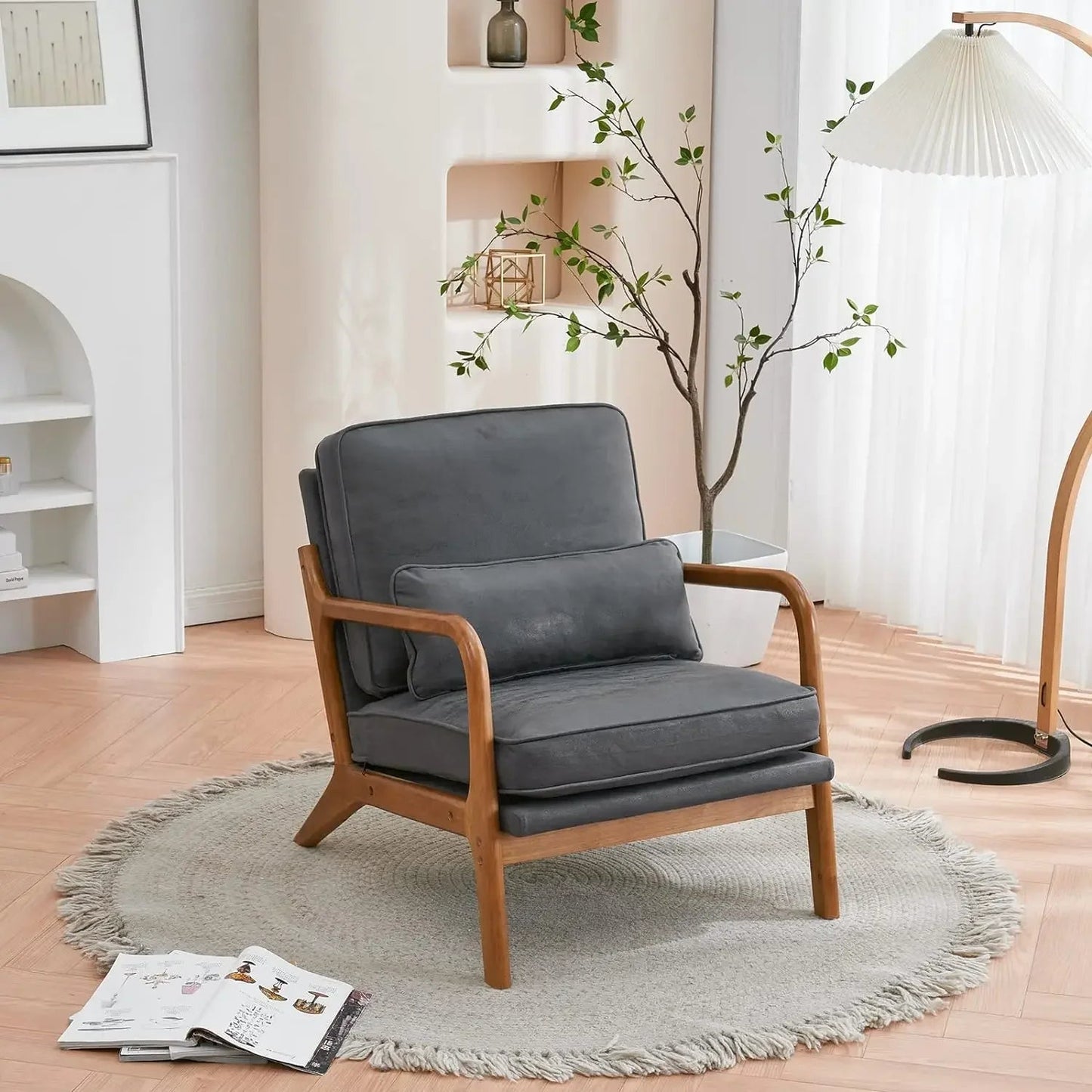 Cozy Living Room Chairs, Fine Linen Beige Accent Chairs, Wood Lounge Chairs for Bedroom, Comfy Mid Century Modern Armchair - HOMELIVING