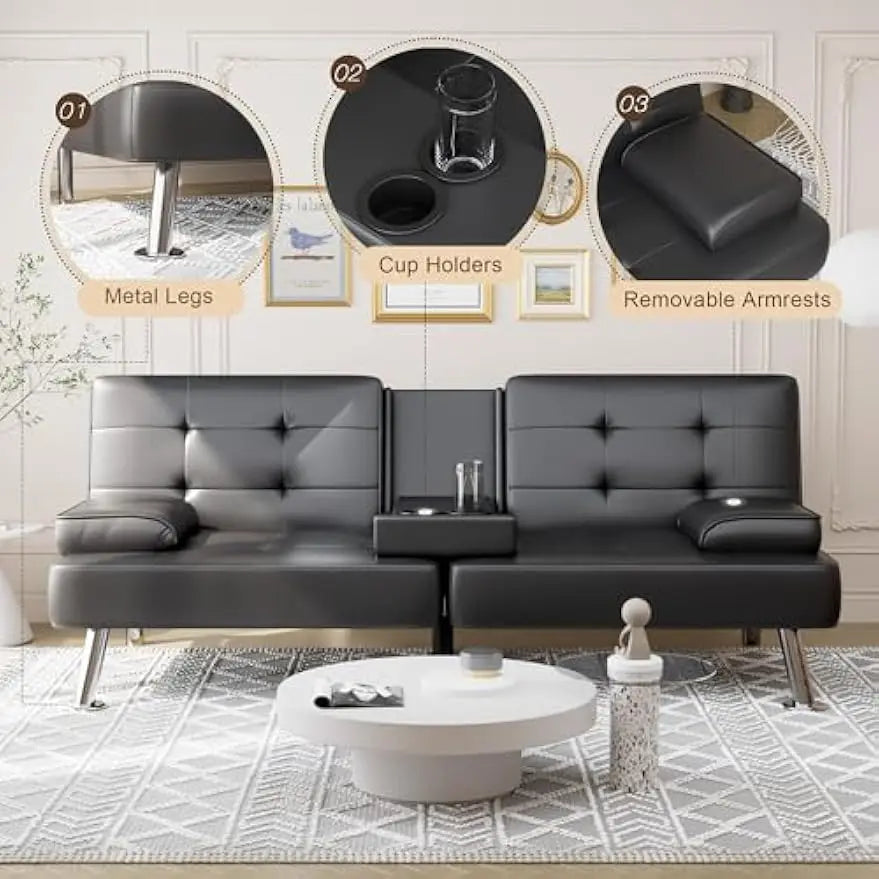 Folding Futon Sofa Bed Sleeper Couch for Living Room Faux Leather Upholstered - HOMELIVING