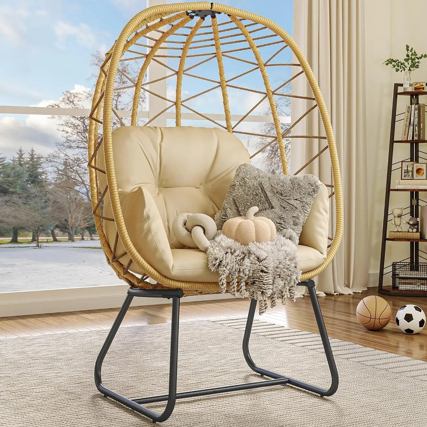 Egg Chair with Stand Outdoor Indoor Lounge Chair with Cushion Wicker and PE Rattan Included for Patio, Garden, Backyard - HOMELIVING